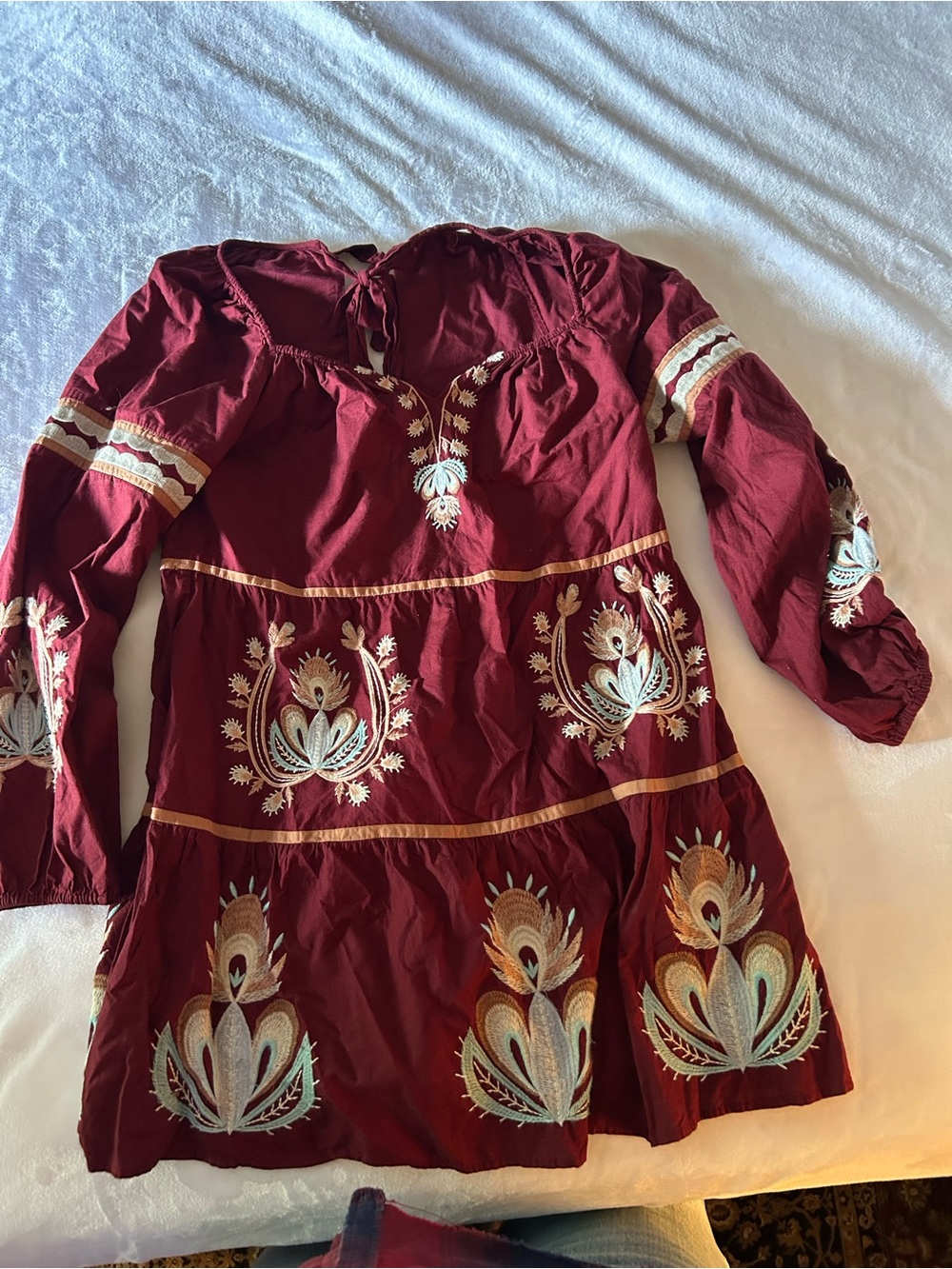 Anthropologie  Women' Mini Dress with Light Blue & Cream Embroidery